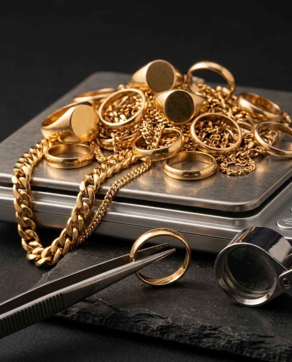 Gouden juwelen op de weegschaal van een goudhandelaar, met een ring die op zuiverheid getest wordt